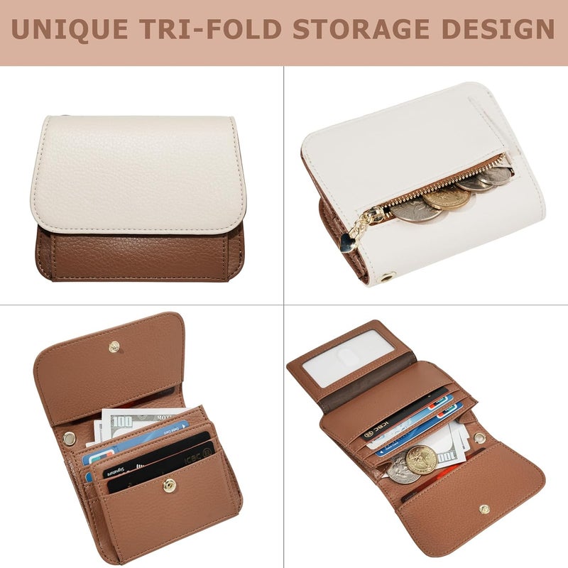 Sunpour Women Small Wallet RFID Blocking Slim Wallet with Coin Pocket Tri-Fold Credit Card Holder with ID Window and Keychain(Beige＆Brown) - Image 3